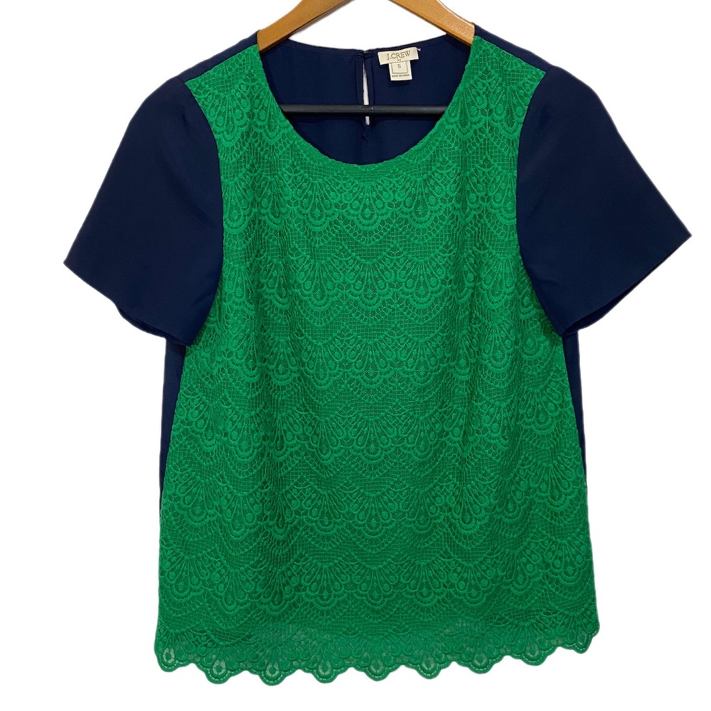 J. Crew Lace Crochet Short Sleeve Blouse Women’s Size Small Navy & Kelly Green